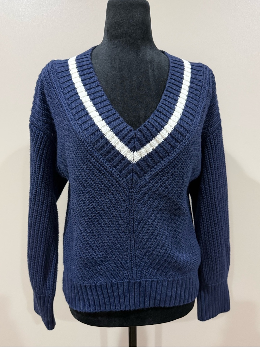 Abercrombie & Fitch Navy Blue V-Neck Varsity Stripe Knit Sweater